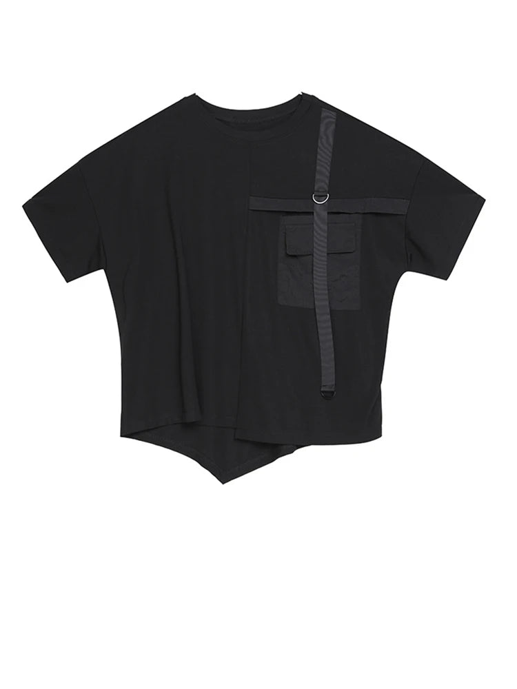 Women Black Ribbon Pocket Big Size Casual T-shirt New Round Neck Short Sleeve Fashion Tide Spring Summer 2025 1DJ1779