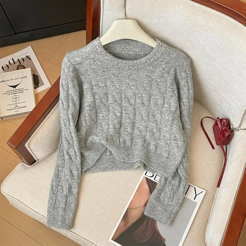 Load image into Gallery viewer, Autumn Winter Women Clothing Beige Pink Diamond Round Neck Short Pullover Sweater New Fashion Grey Long Sleeve Knitwear Top Chic
