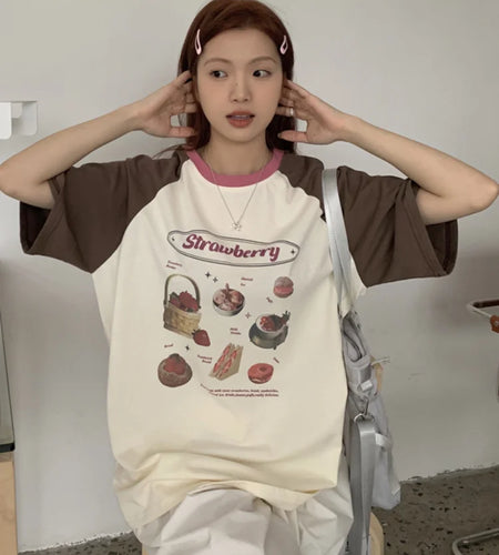 Grunge Sweet Loose Contrast Color Patchwork T-shirts Summer Casual Short Sleeve Vintage Funny Print All Match Y2k Aesthetic Tees