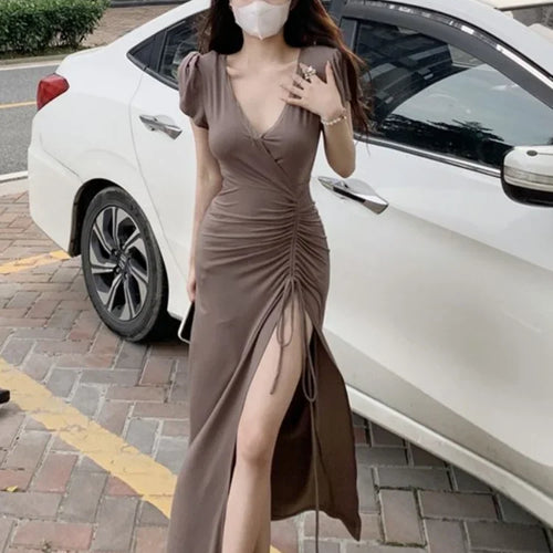 Load image into Gallery viewer, Summer Casual Bodycon Black Draw String Split Dress Women Vneck Ruched Wrap Long Dresses High Waist Sundress
