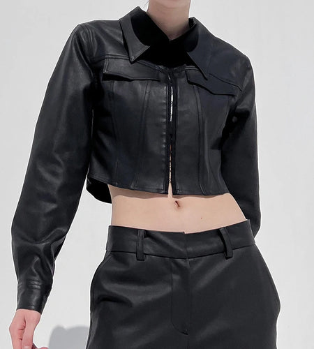 Fashion Chic Black PU Leather Jacket Women Cropped Pins-Up Streetwear Basic Autumn Coat Outwear Slim Jackets Clothing