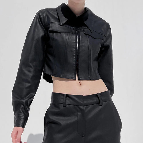 Load image into Gallery viewer, Fashion Chic Black PU Leather Jacket Women Cropped Pins-Up Streetwear Basic Autumn Coat Outwear Slim Jackets Clothing
