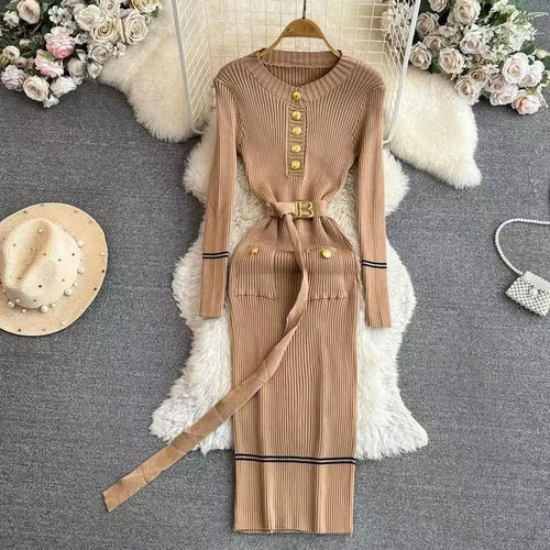 Load image into Gallery viewer, Korean Fashion Women's Stripe V Neck Elegant Slim Long Sleeved Dress Spring Vacation Single Breasted Office Knitted Dress Casual
