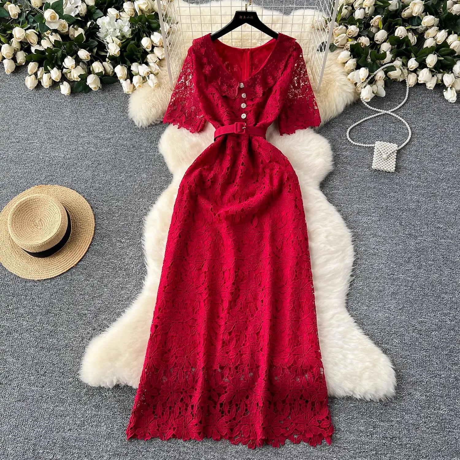 Summer Solid High Waist Button Birthday Lace Long Dress Women French Retro Elegant Short Sleeve Festival Party Evening Dress New