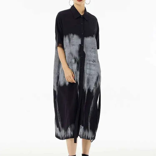 Load image into Gallery viewer, Women Green Pattern Printed Belted Big Size Shirt Dress New Lapel Short Sleeve Fashion Tide Spring Summer 2025  1DH5759
