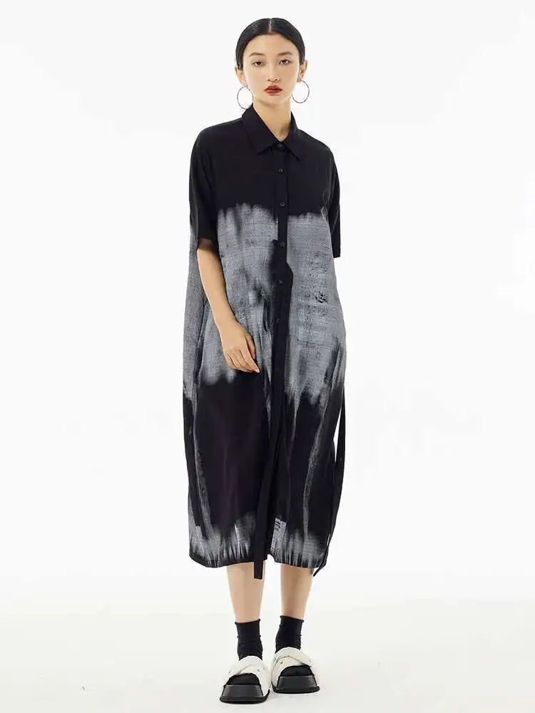 Women Green Pattern Printed Belted Big Size Shirt Dress New Lapel Short Sleeve Fashion Tide Spring Summer 2025  1DH5759