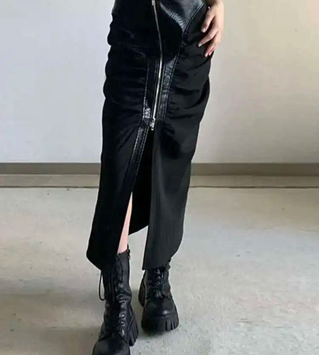 High Waist Black Pu Leather Pleated Zipper Slit Midi Half-body Skirt Women Fashion Tide New Spring Autumn 2025 1DH7055