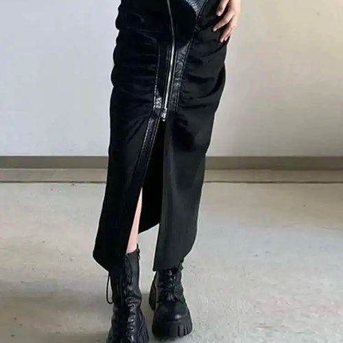 Load image into Gallery viewer, High Waist Black Pu Leather Pleated Zipper Slit Midi Half-body Skirt Women Fashion Tide New Spring Autumn 2025 1DH7055
