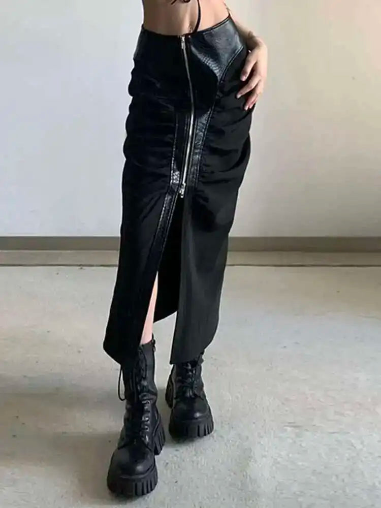 High Waist Black Pu Leather Pleated Zipper Slit Midi Half-body Skirt Women Fashion Tide New Spring Autumn 2025 1DH7055
