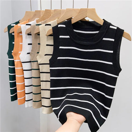 Load image into Gallery viewer, New 2024 Vintage Basic Bottoming Striped Patchwork Knit Vest Women Autumn Winter Elegant Sleeveless Slim Short Tank Tops Fashion
