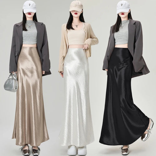 Load image into Gallery viewer, French Fashion Women Black Beige High Waist Long Skirt 2025 Spring Summer Khaki Vacation Party Pleated Fishtail Skirt Simplicity
