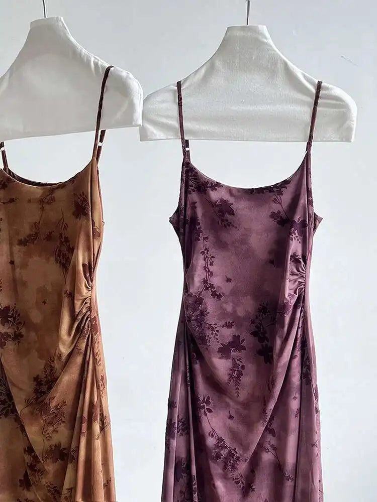 Women Brown Printed Vintage Long Spaghetti Strap Dress New Round Neck Sleeveless Fashion Tide Spring Summer 2025 1DJ0289