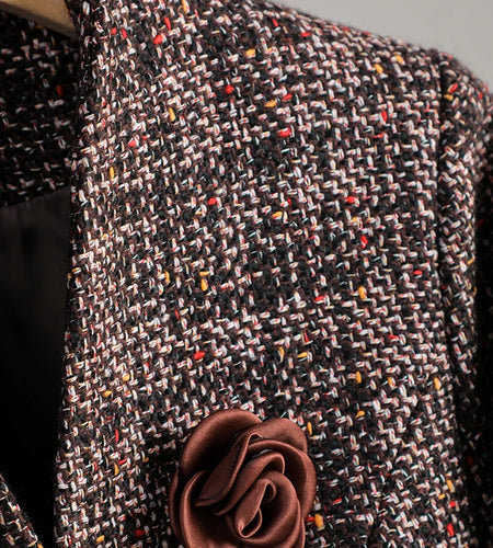 Korean Fashion Woman Autumn Winter Retro Brown Plaid V Neck Long Sleeves Woolen Blazers Coat Vintage Elegant Single Button Tops