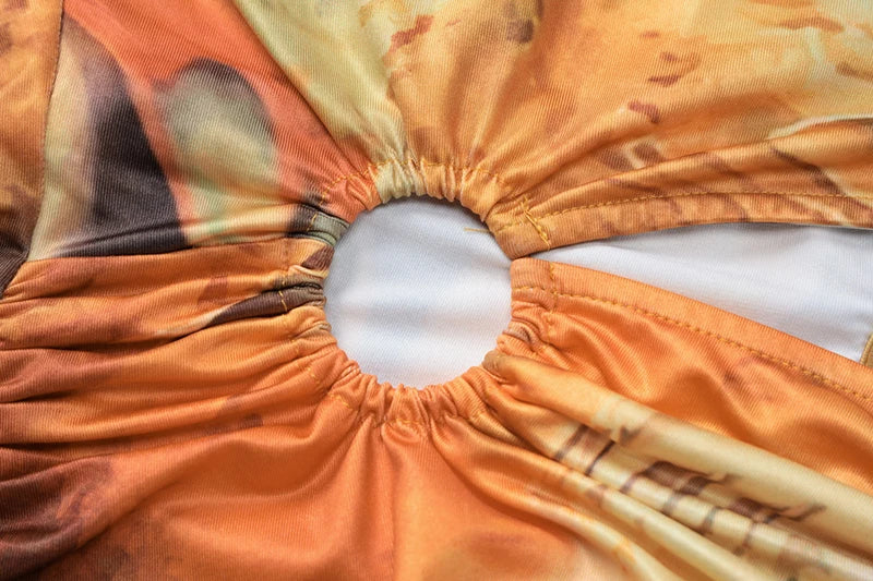 Hollow Out Print Sexy Mini Dress For Women Autumn New Off-shoulder Long Sleeve Bodycon Ruffled Slit Sexy Dress New