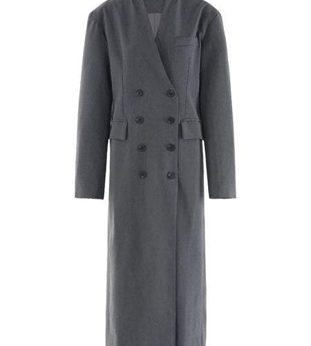 Women Gray Double Breasted Elegant Long Blazer New V-neck Long Sleeve Jacket Fashion Tide Spring Autumn 2025 CPDB153