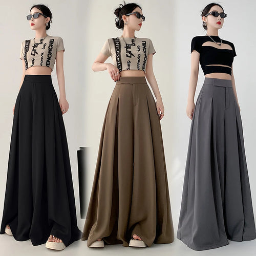 Load image into Gallery viewer, Women Black Elegant Wide Leg Long Pant Summer Brown High Waist Baggy Pleated Trousers Gray Pockets Fashion Simplicity Fashion
