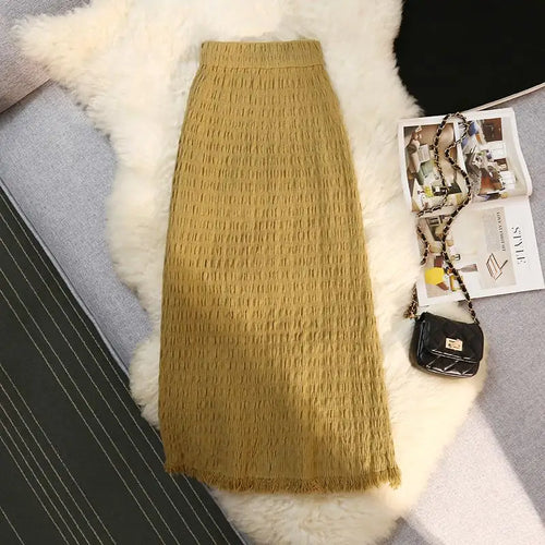 Load image into Gallery viewer, Women Solid Straight Slim Knitted Midi Skirt 2023 Autumn Winter Vintage Elegant Elastic High Waist Tassel Wrap Hip Skirts Female
