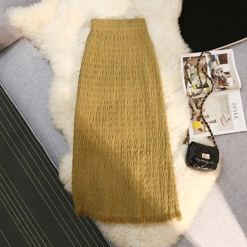 Women Solid Straight Slim Knitted Midi Skirt 2023 Autumn Winter Vintage Elegant Elastic High Waist Tassel Wrap Hip Skirts Female