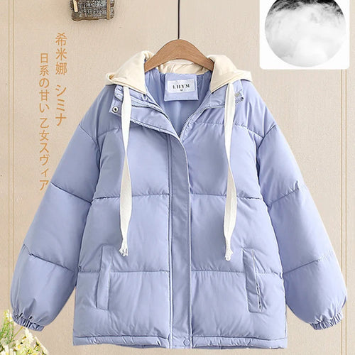 Load image into Gallery viewer, Women Autumn Winter Patchwork Long Sleeve Short Down Cotton Jacket Korean Version Elegant Hooded Bread Coat Casual Trend Fashion
