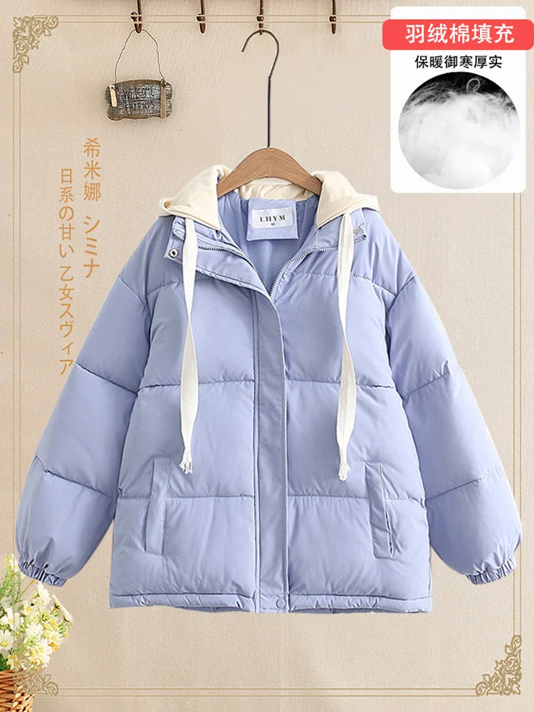 Women Autumn Winter Patchwork Long Sleeve Short Down Cotton Jacket Korean Version Elegant Hooded Bread Coat Casual Trend Fashion