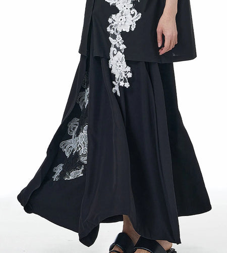 High Elastic Waist Black Appliques Spliced A-line Half-body Skirt Women Fashion Tide New Spring Autumn 2025 1DJ1502
