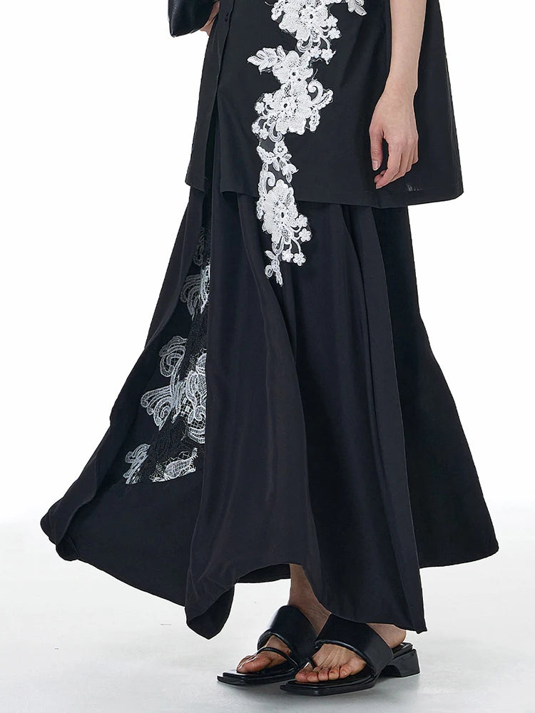 High Elastic Waist Black Appliques Spliced A-line Half-body Skirt Women Fashion Tide New Spring Autumn 2025 1DJ1502
