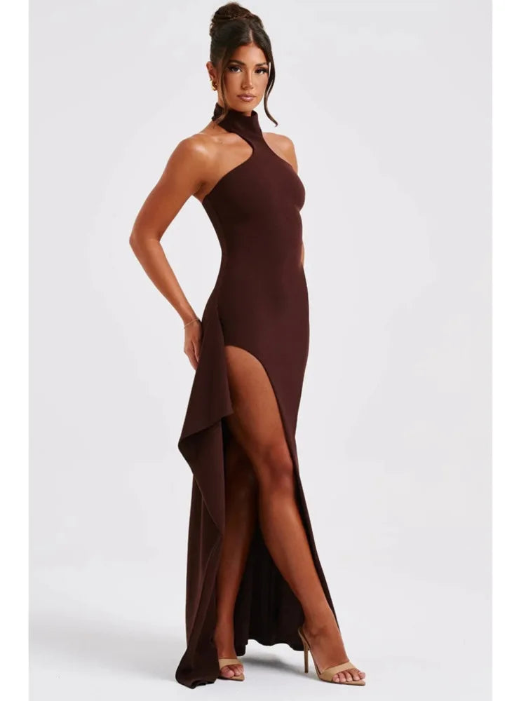 Women's Elegant Sleeveless Evening Dress, Open Back, High Split, Slim Fit Style, Female Long Dress, Spring, 2024