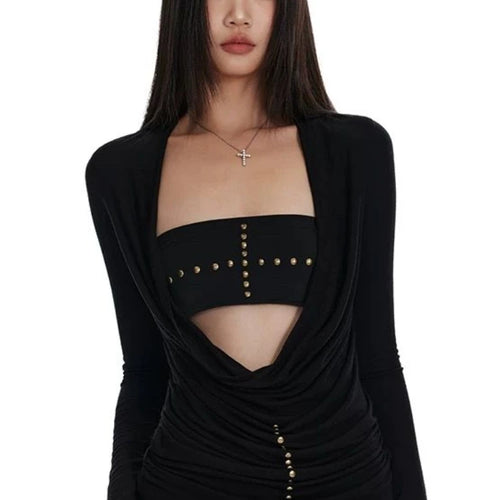 Load image into Gallery viewer, Two Pieces Set Punk Cross Rivets Sexy Women Strapless + Slim Harajuku Vintage Solid Knitted T-Shirt Y2k Aesthetic Fashion Outfit
