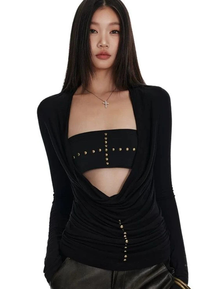 Two Pieces Set Punk Cross Rivets Sexy Women Strapless + Slim Harajuku Vintage Solid Knitted T-Shirt Y2k Aesthetic Fashion Outfit