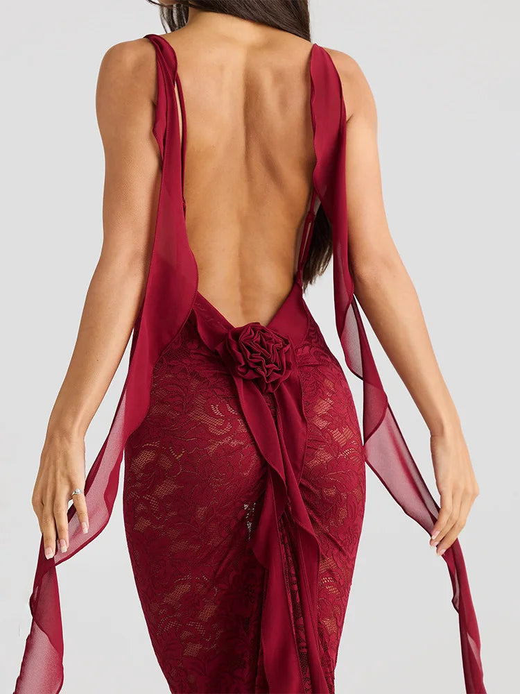 Sexy Sleeveless Lace Patchwork Print Women Backless Party Evening Dress 2024 New Trailing Long Skirt Flowing Vestido