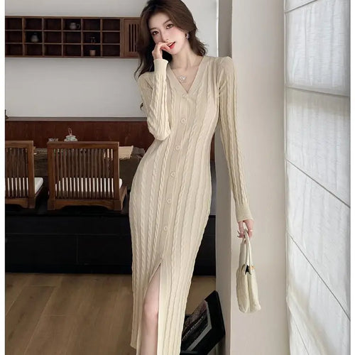 Load image into Gallery viewer, Autumn Winter French Black Long Sleeves Festival Knitted Dress Women's Elegant V Neck Single Breasted Wrap Hip Split Dress Trend
