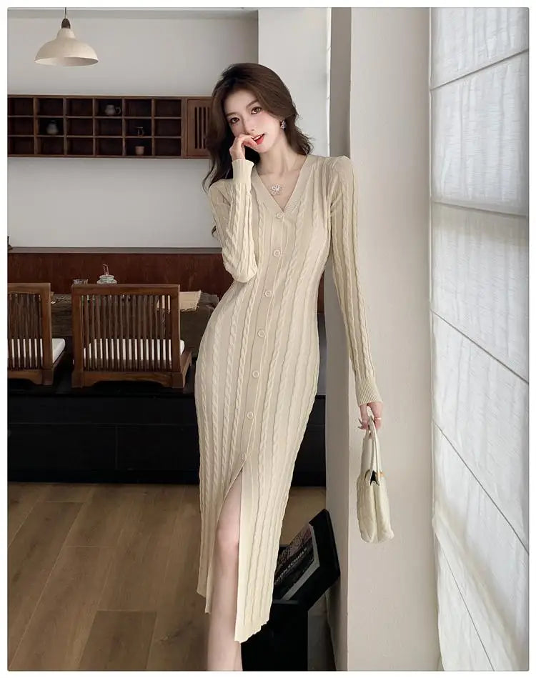 Autumn Winter French Black Long Sleeves Festival Knitted Dress Women's Elegant V Neck Single Breasted Wrap Hip Split Dress Trend