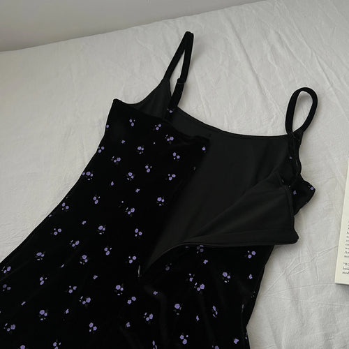 Load image into Gallery viewer, French Women Autumn Winter Fashion Suit Purple Elegant O-neck Long Sleeve Tops And Black Print Velvet Slip Dress Two-piece Sets
