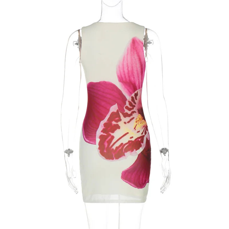 Mesh Floral Print Sexy Mini Dress Women Robe Summer New O Neck Sleeveless Slim Beach Holiday Bodycon Club Dress