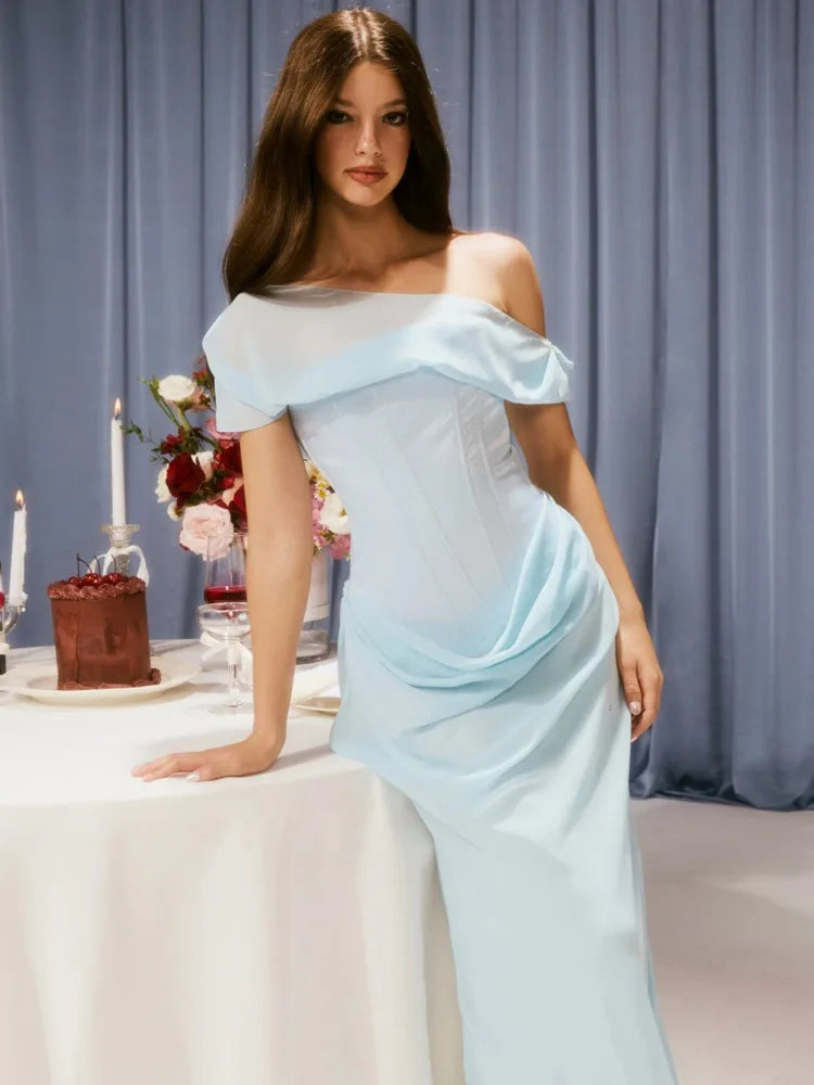 Elegant Mesh Patchwork Off Shoulder Bodycon Women Party Evening Dress 2025 Spring New Maxi Vestidos Sexy Backless Dress