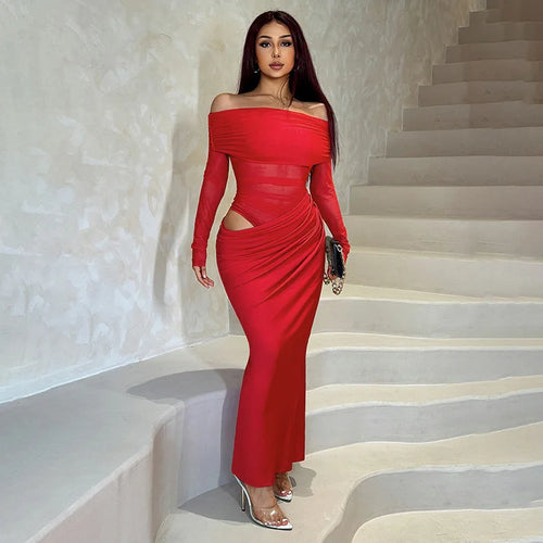 Load image into Gallery viewer, Off-shoulder Mesh See Through Sexy Maxi Dress For Women Elegant Strapless Long Sleeve Backless Bodycon Club Party Dress
