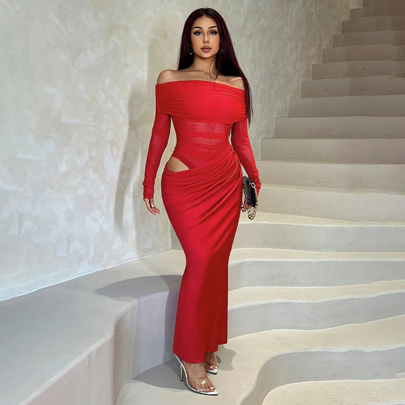 Off-shoulder Mesh See Through Sexy Maxi Dress For Women Elegant Strapless Long Sleeve Backless Bodycon Club Party Dress