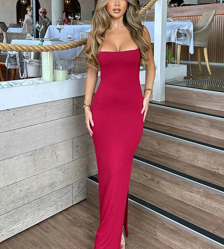 Spaghetti Strap Backless Sexy Maxi Dress For Women Fashion Lace-up Sleeveless Bodycon Club Party Back Slit Long Dress