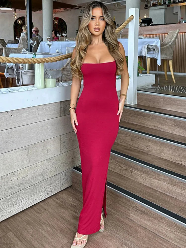 Spaghetti Strap Backless Sexy Maxi Dress For Women Fashion Lace-up Sleeveless Bodycon Club Party Back Slit Long Dress