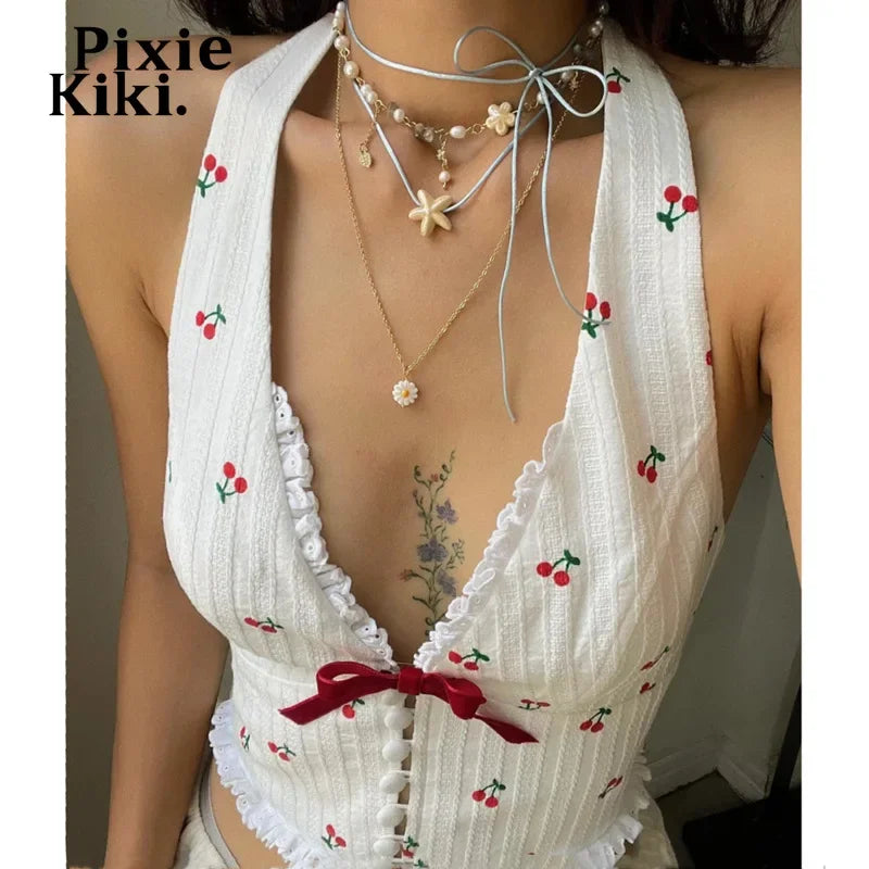 Cherry Printed Bow V Neck Backless Halter Top Woman 2024 Summer Resort Wear Cute 2000s Y2k Tank Tops White P33-CZ10