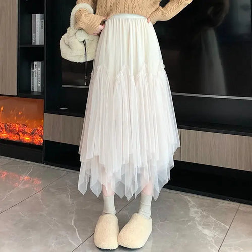 Load image into Gallery viewer, Vintage Autumn White Elegant Pleated Irregular Long Skirt For Women's Black High Waist A-line Mesh Skirts 2024 Versatile Popular
