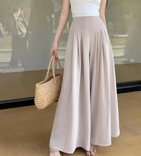 Women 2024 New Spring Summer Wide Leg Pleated Long Pants Solid High Waist Casual Female Slim Loose Straight Trousers Simplicity