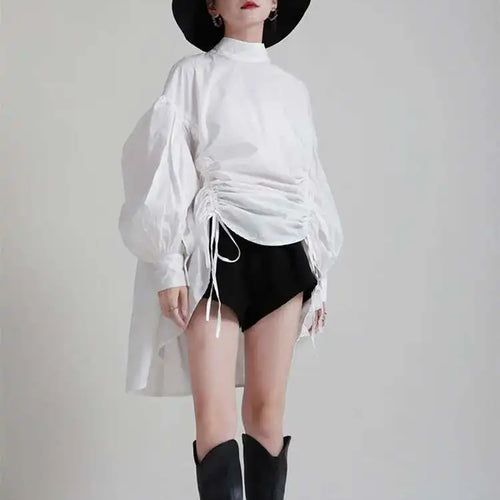 Load image into Gallery viewer, Women Balck Irregular Drawstring Big Size Dress New Stand Collar Long Sleeve Loose Fit Fashion Spring Autumn 2025 1Z18901
