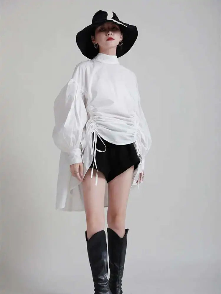 Women Balck Irregular Drawstring Big Size Dress New Stand Collar Long Sleeve Loose Fit Fashion Spring Autumn 2025 1Z18901