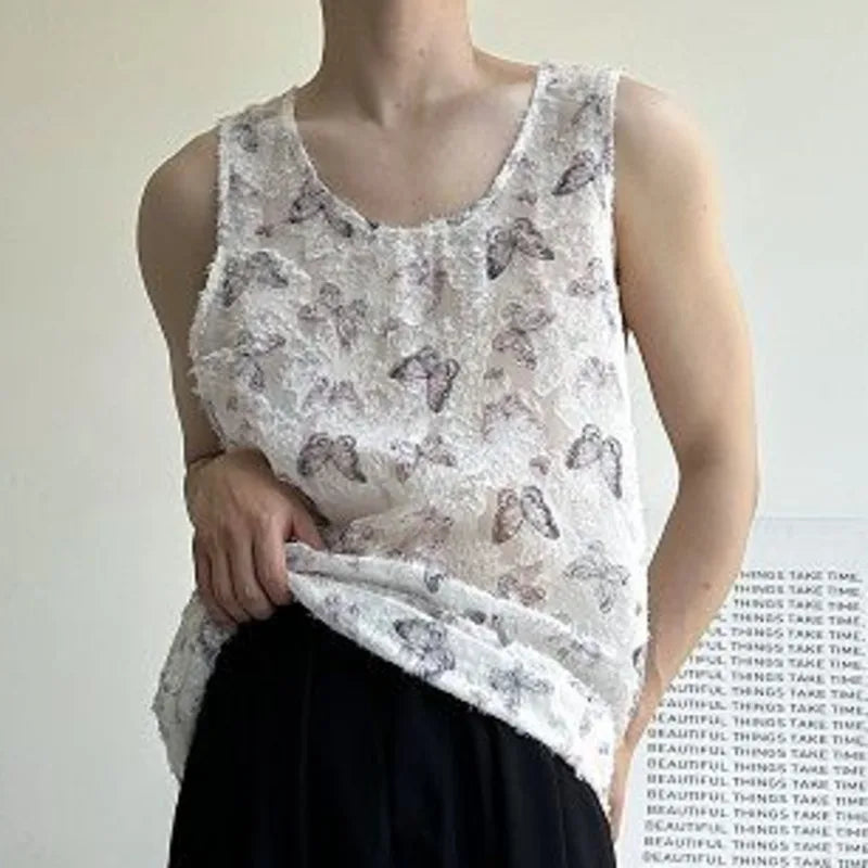 Fashion Thin Men's Tank Tops Casual Round Neck Sleeveless Butterfly Vintage Male Clothing Chic Summer Trend 9C6358