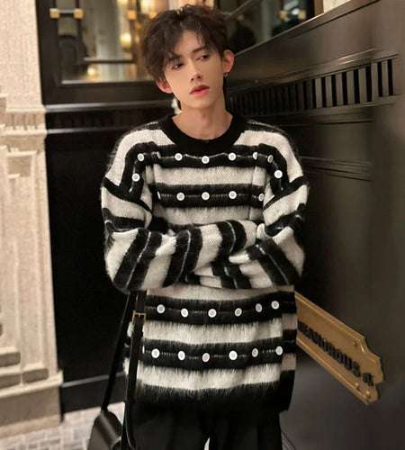Round Collar Male Sweaters Striped Button Decoration Casual Contrast Color Men's Knitting Pullovers Autumn Tide 9C4679