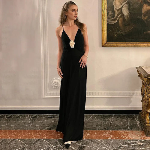 Load image into Gallery viewer, Deep V Neck Tie Flower Backless Maxi Dress Women New Spaghetti Strap Sleeveless Long Dress Elegant Sexy Club Slipdress
