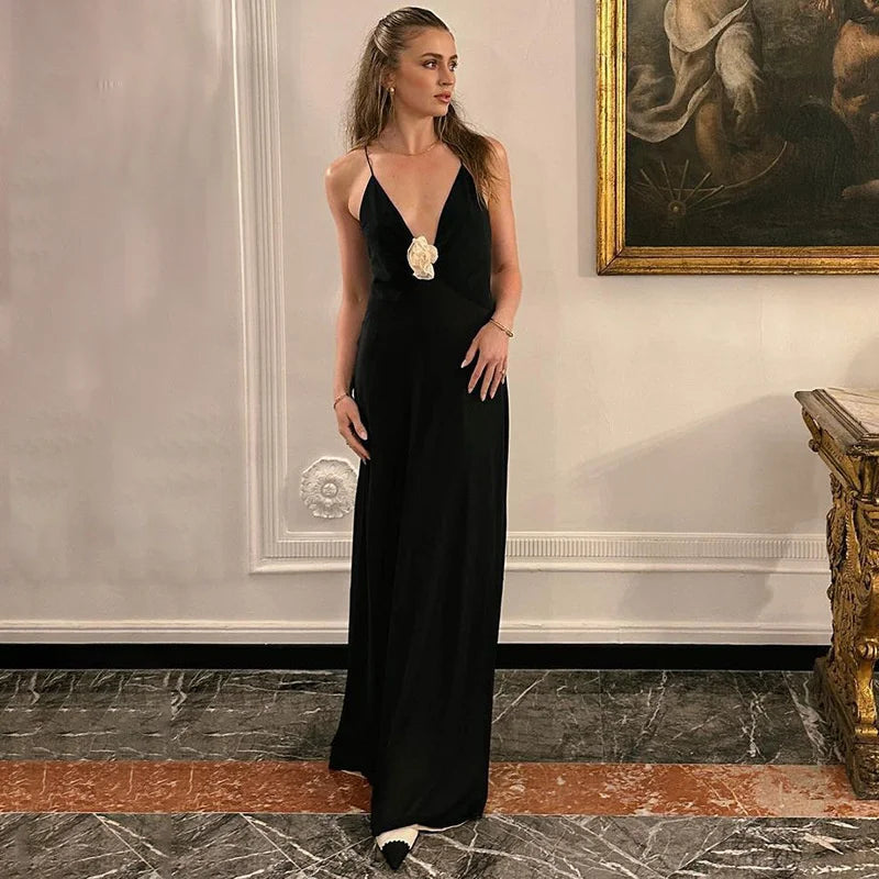 Deep V Neck Tie Flower Backless Maxi Dress Women New Spaghetti Strap Sleeveless Long Dress Elegant Sexy Club Slipdress