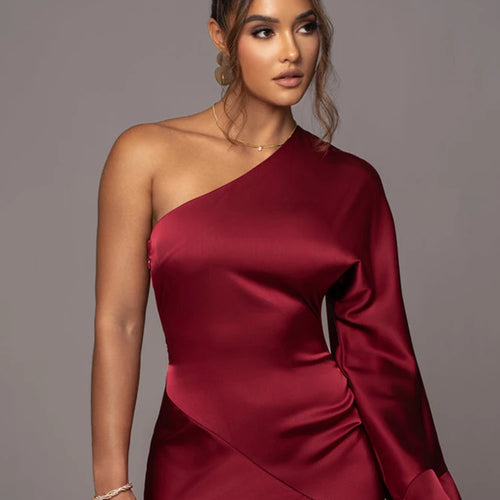 Load image into Gallery viewer, Elegant Long Sleeved Party Evening Dress for Women, Flared Sleeves, Single Shoulder Bodycon, Maxi Dress, Backless Gown
