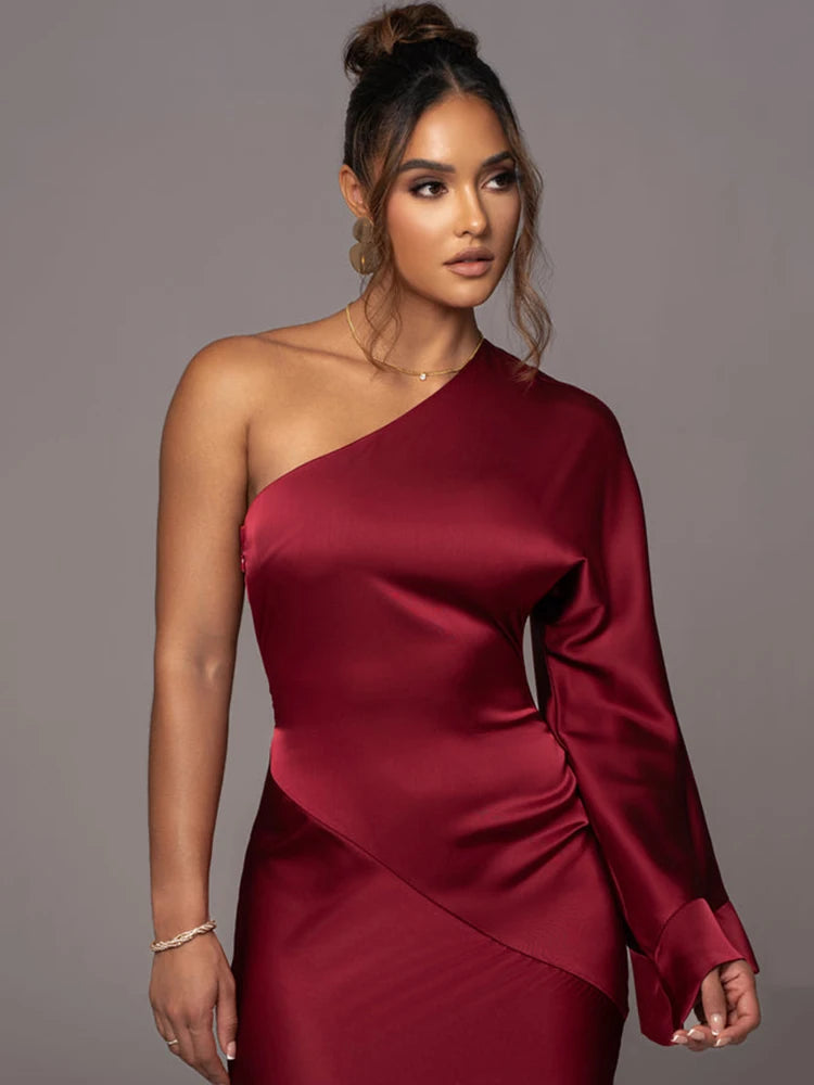 Elegant Long Sleeved Party Evening Dress for Women, Flared Sleeves, Single Shoulder Bodycon, Maxi Dress, Backless Gown